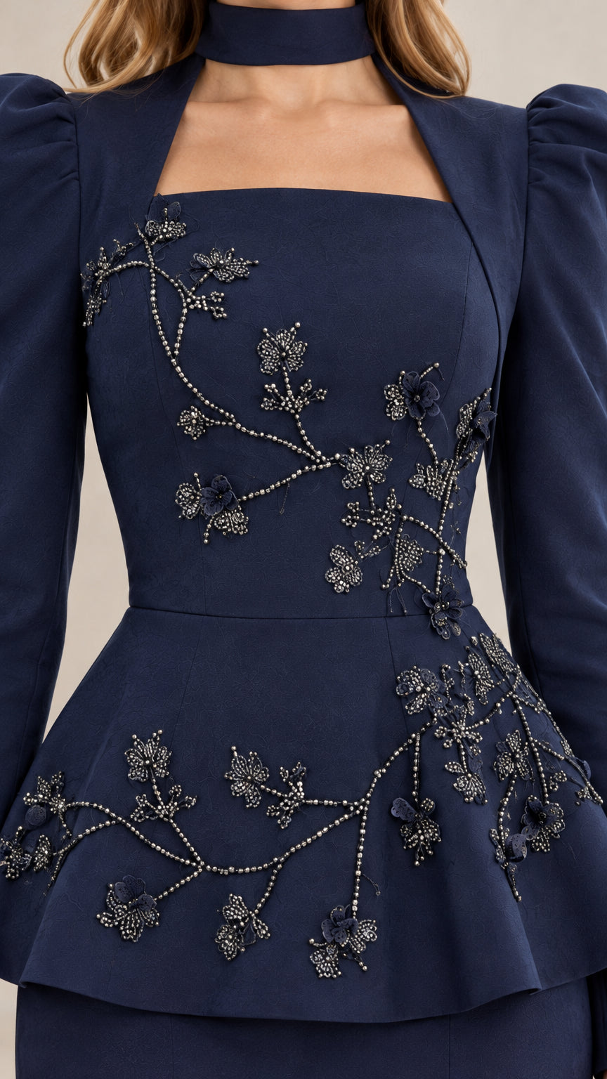 Close-up detail of floral beadwork and choker neckline on Navy Blue gown