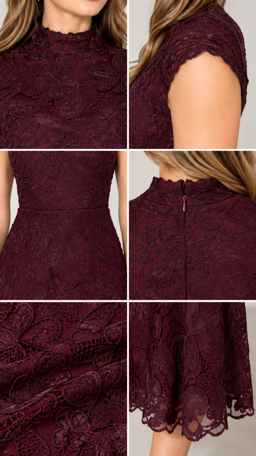 Detailed close-ups of neckline, cap sleeves, back zipper, and scalloped hem in Burgundy lace