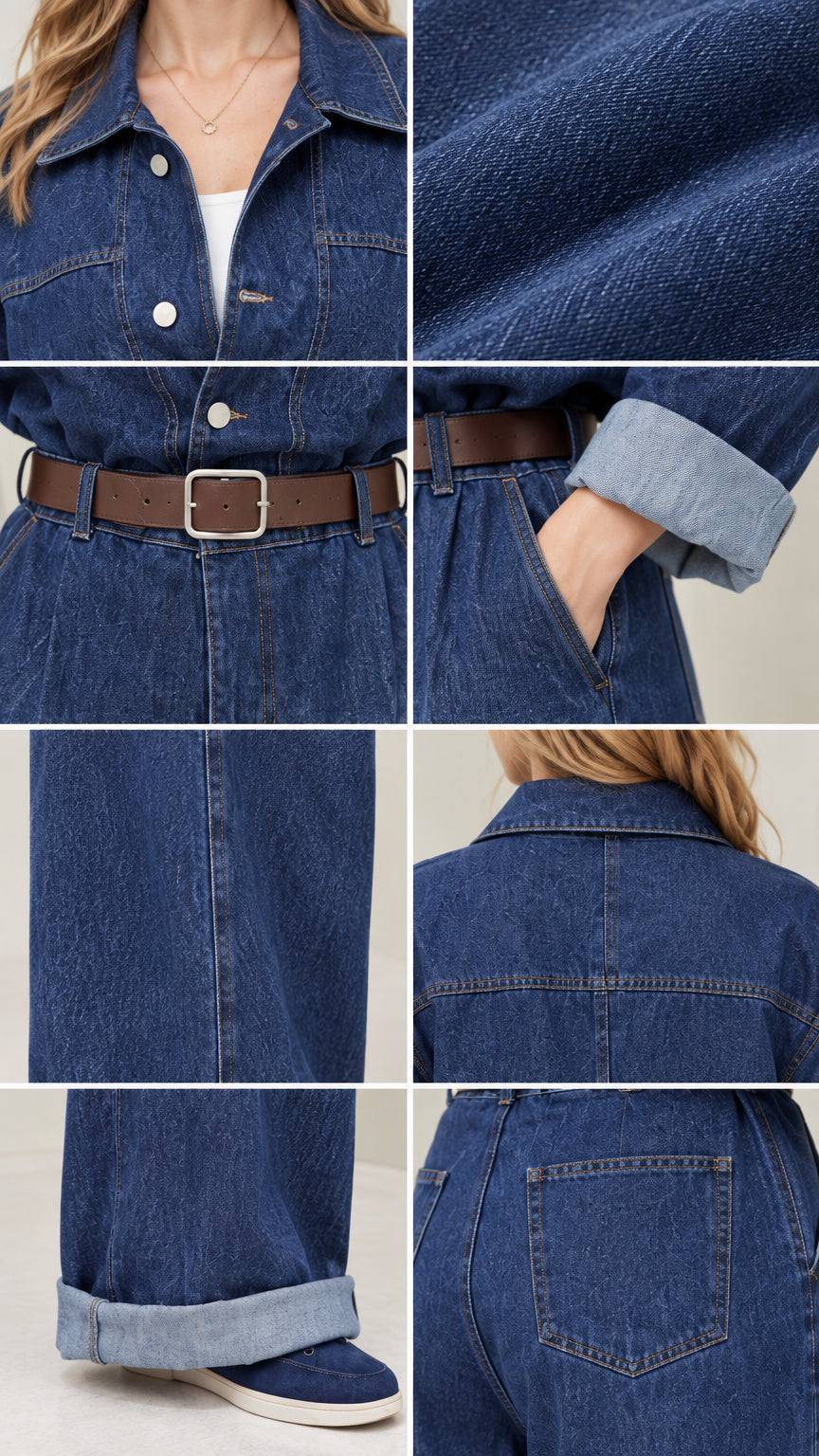 Close-up details of collar, button placket, denim texture, belt, side pockets, and cuffed hem