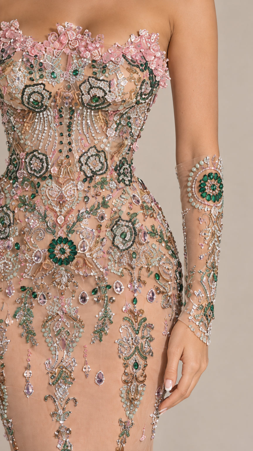 Close-up detail of 3D floral neckline and intricate beading on corset bodice