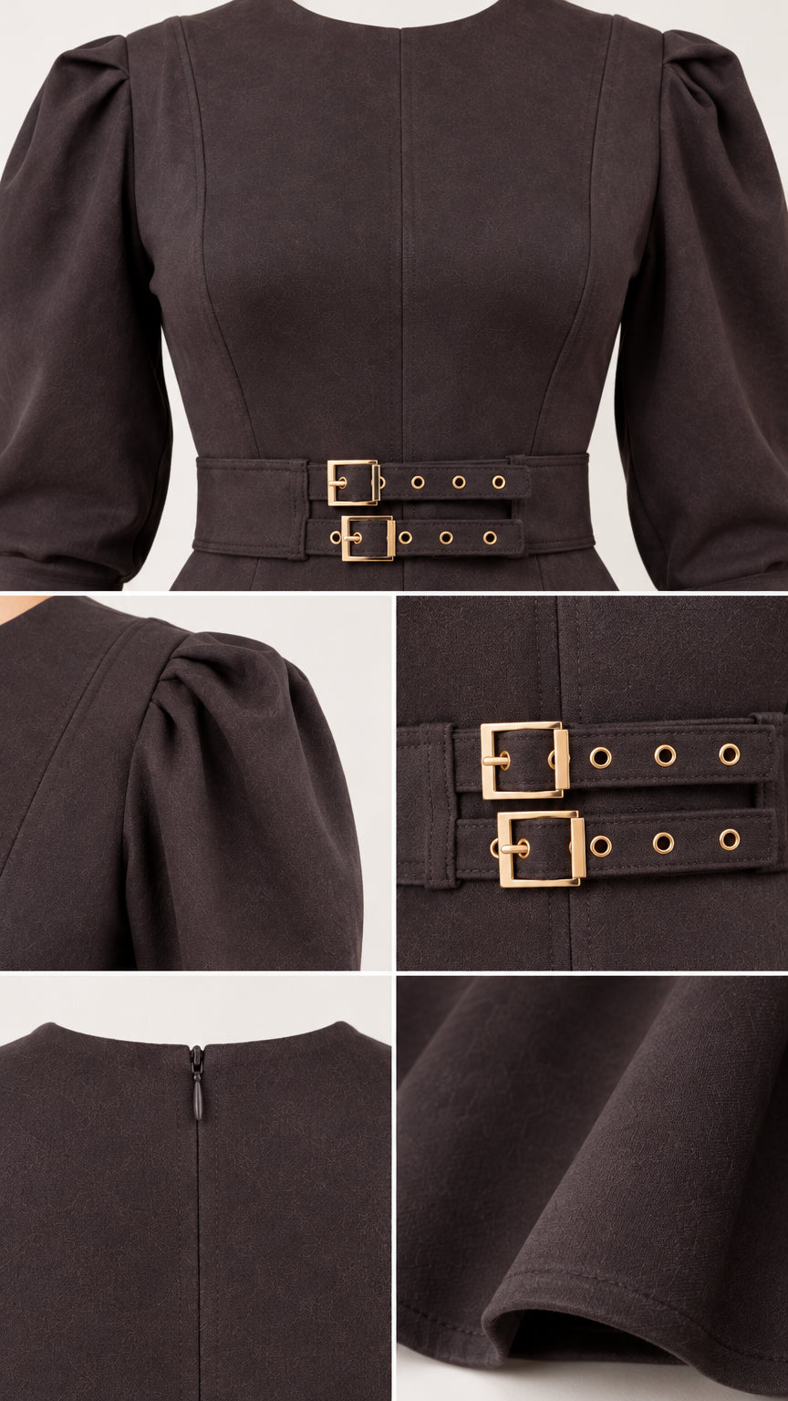 Close-up details of double buckle belt, puff sleeve, fabric texture, and back zipper