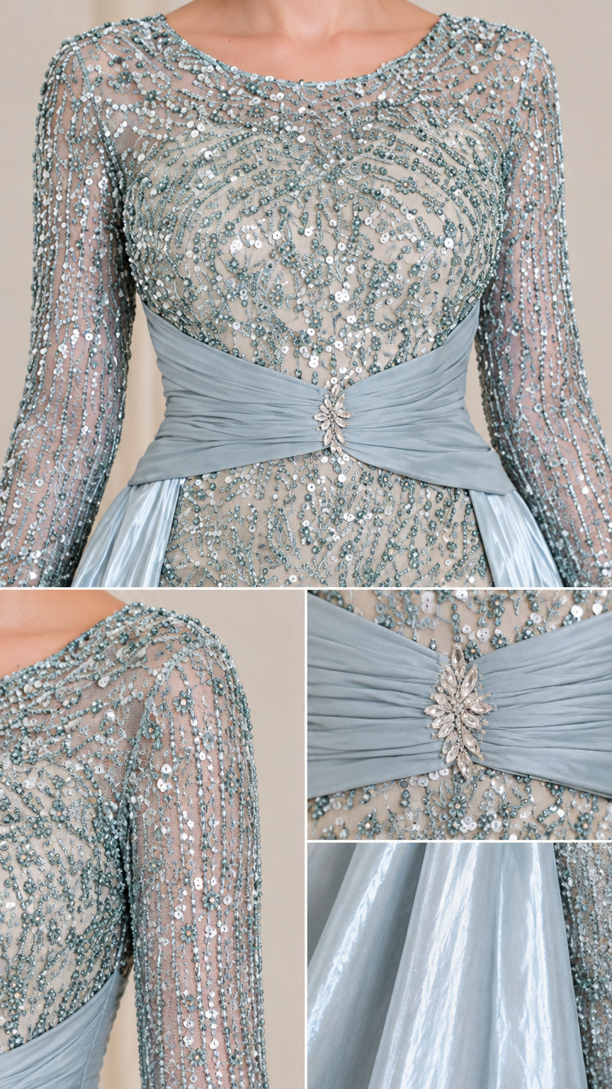 Close up of sequin beading and crystal brooch detail on satin waistband