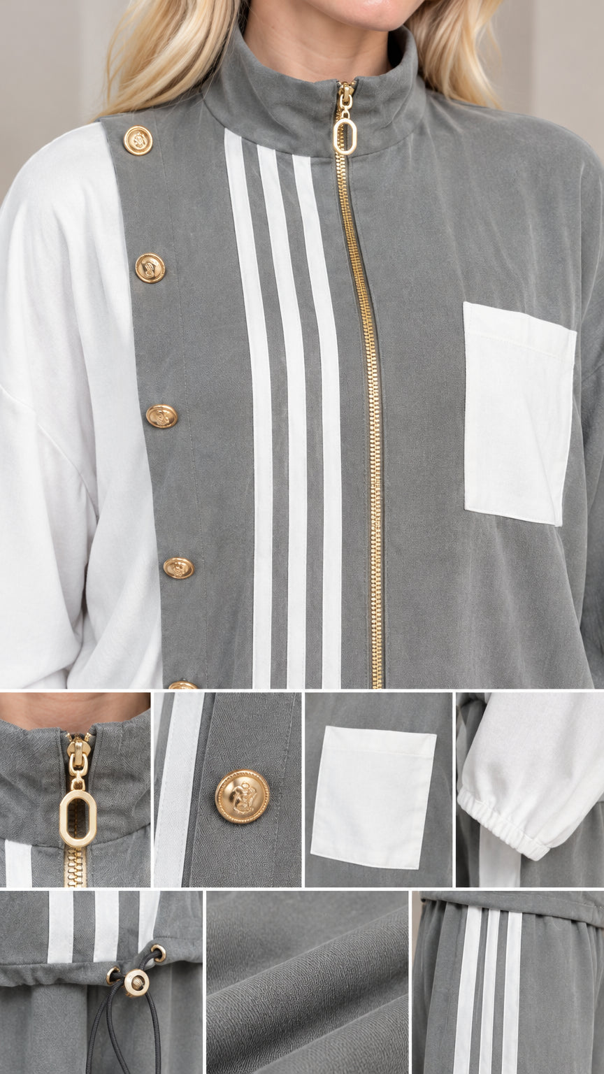 Close-up details of gold zipper, metallic buttons, chest pocket, and side stripe fabric