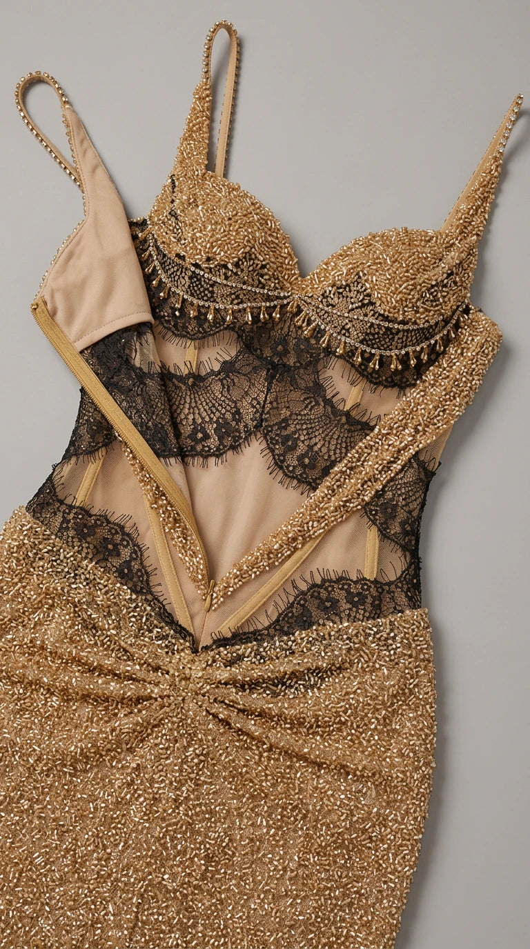 Close-up detail of sweetheart neckline, beaded texture, and sheer black lace waist cutout