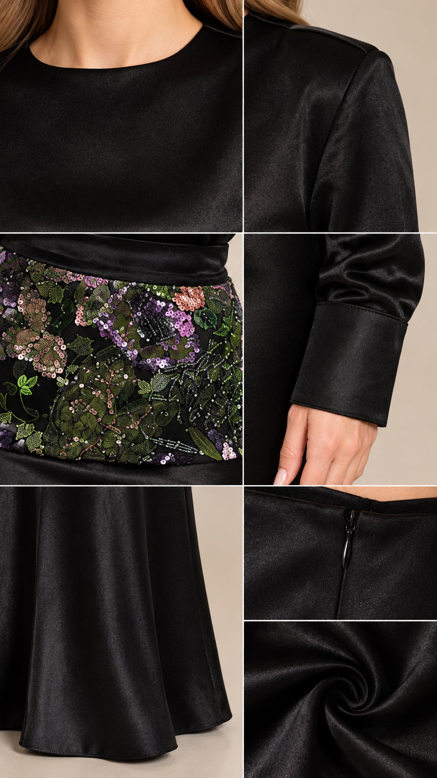 Detailed close-ups of neckline, sequin floral embroidery, sleeve cuff, and satin fabric drape