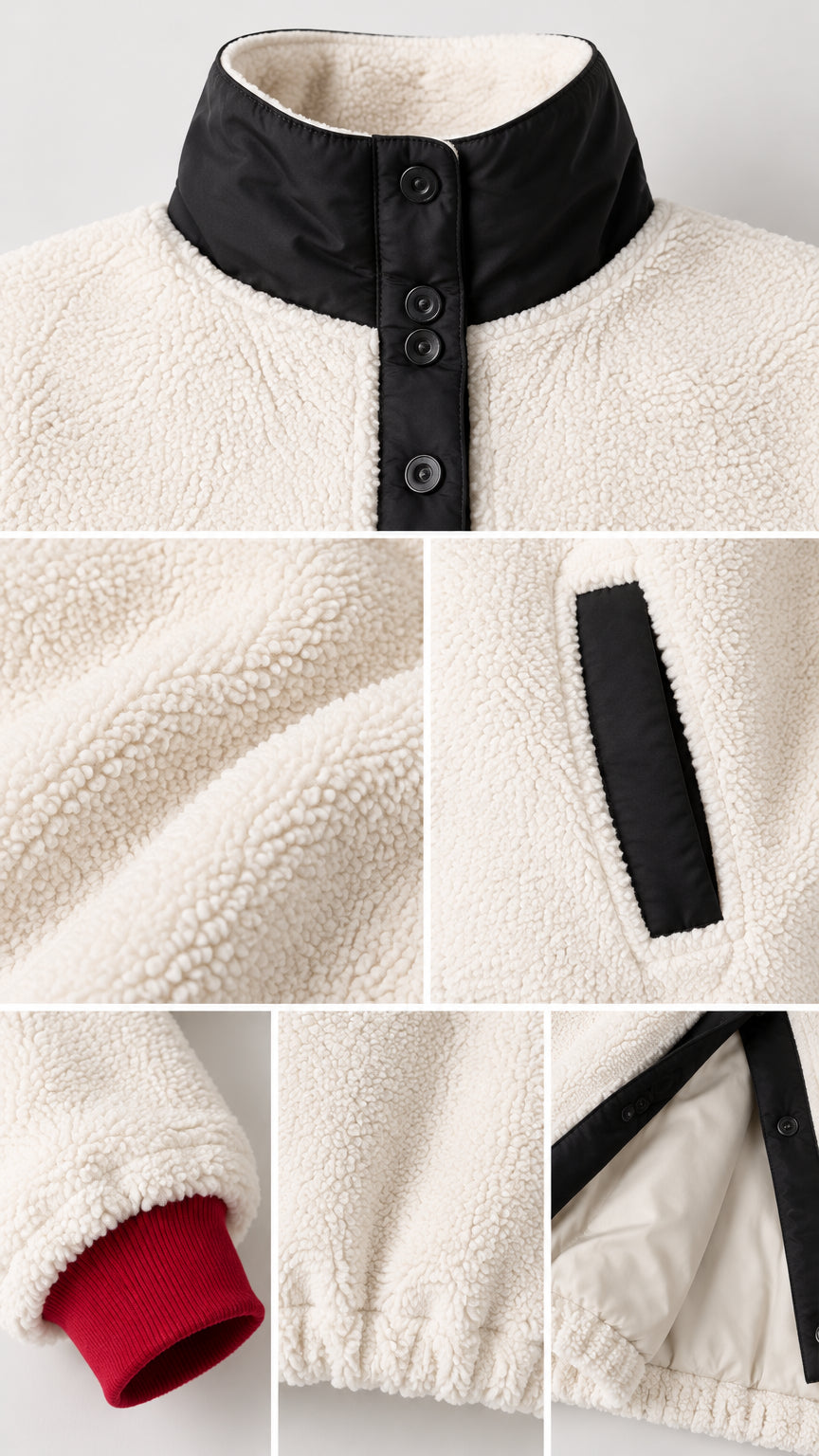 Close-up details of fleece fabric texture, buttoned collar, side pocket, and red ribbed cuff