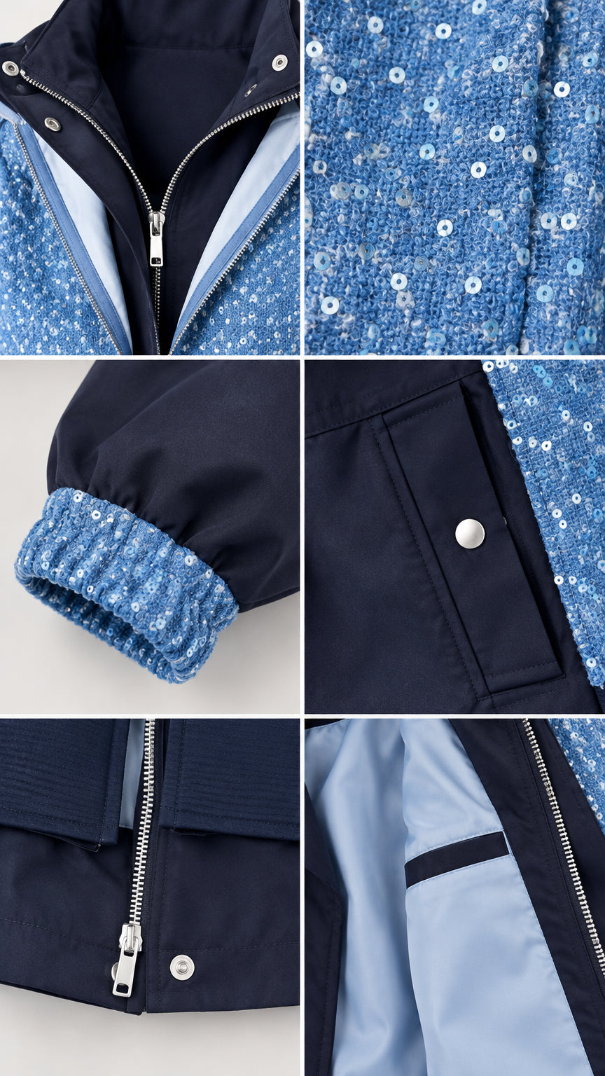 Close-up details of sequin fabric, front zipper, pocket snaps, and inner lining
