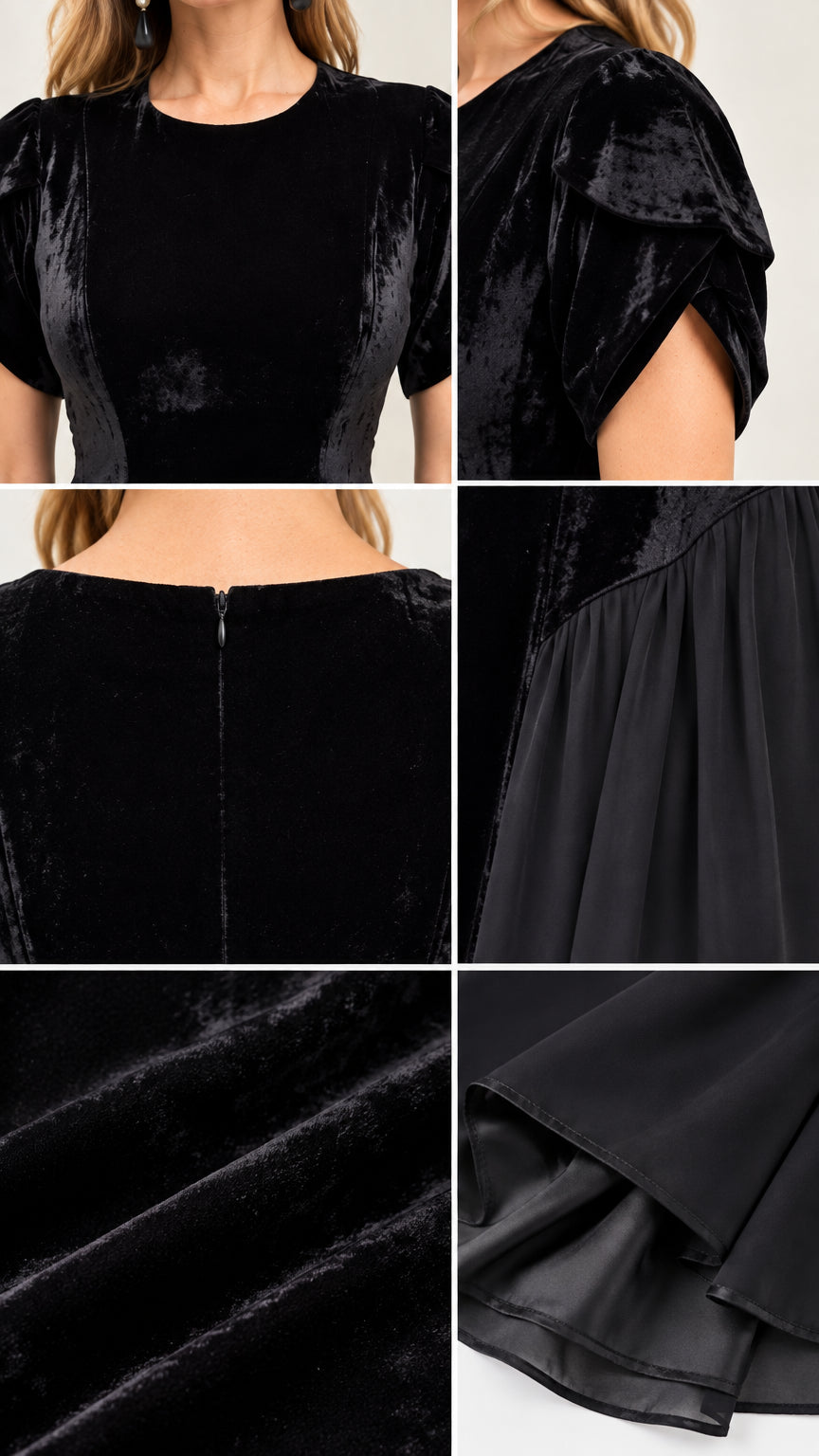 Close-up details of neckline, tulip sleeves, back zipper, and velvet fabric