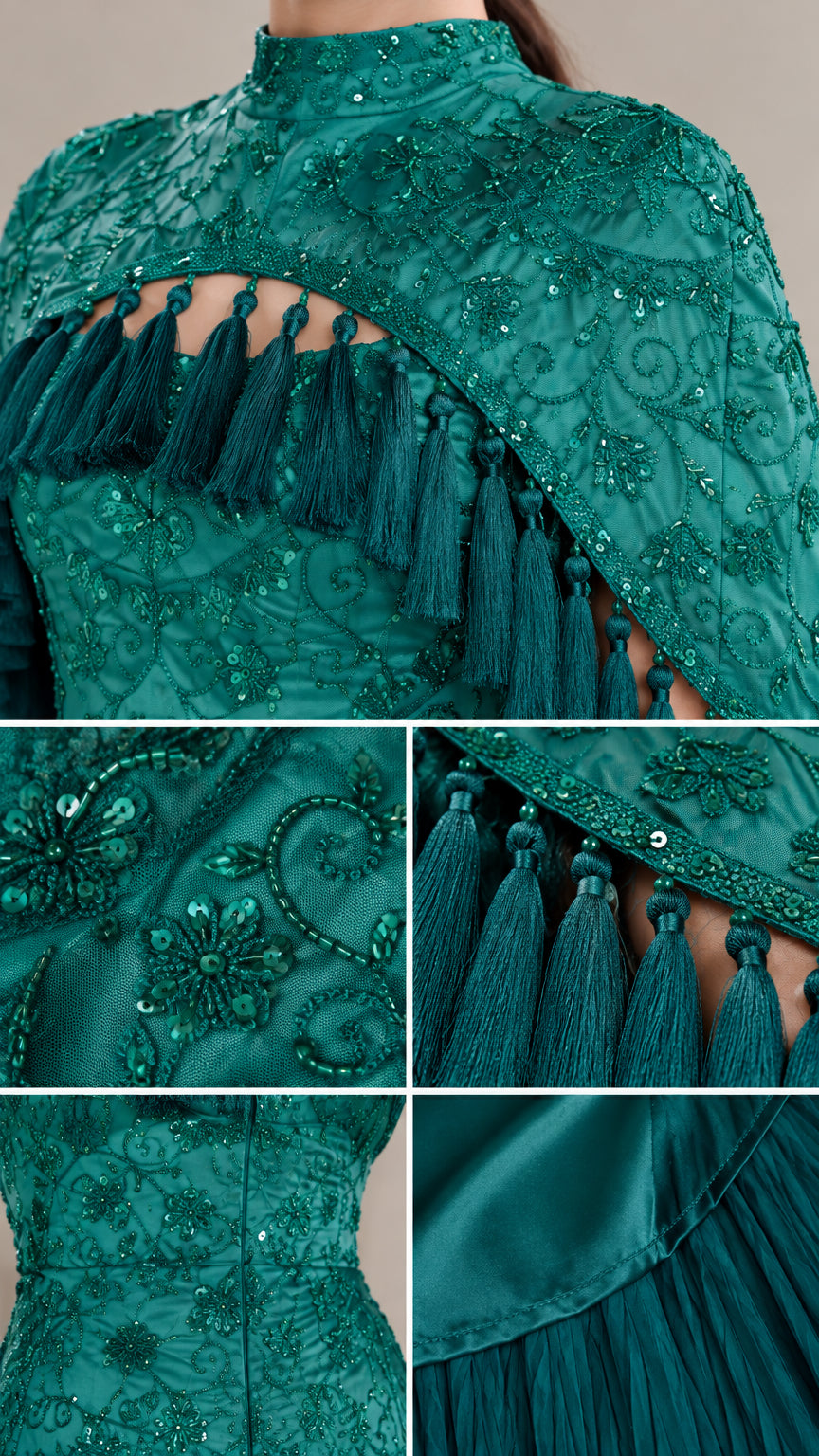 Close-up details of sequin floral embroidery, cutout neckline, and fringe tassels