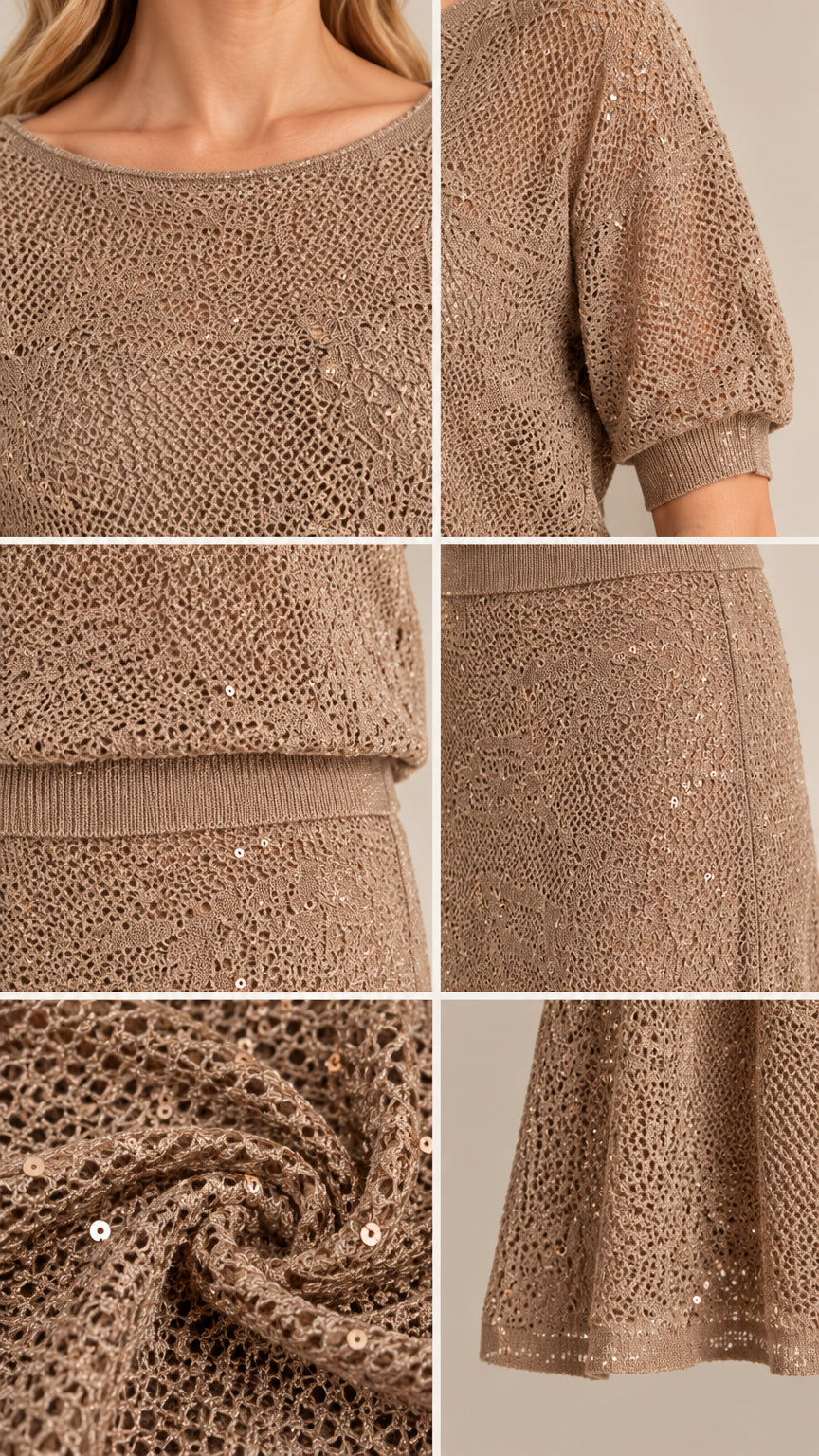 Close-up details of sequined open-knit fabric, neckline, cuffs, and hem