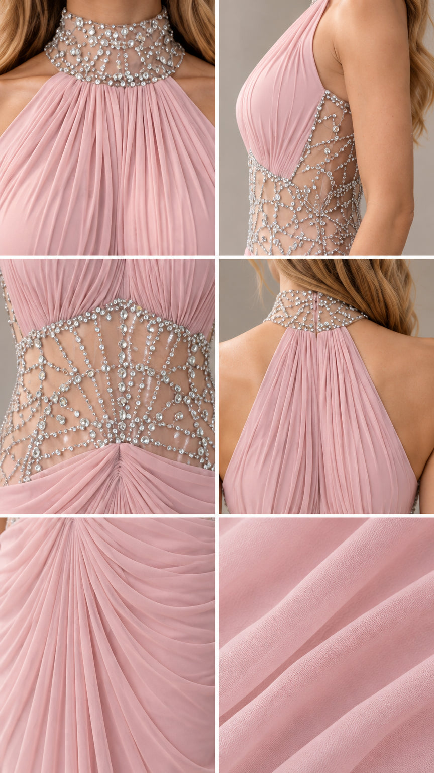 Close-up details of rhinestone embellished collar, sheer illusion waist, and chiffon pleats