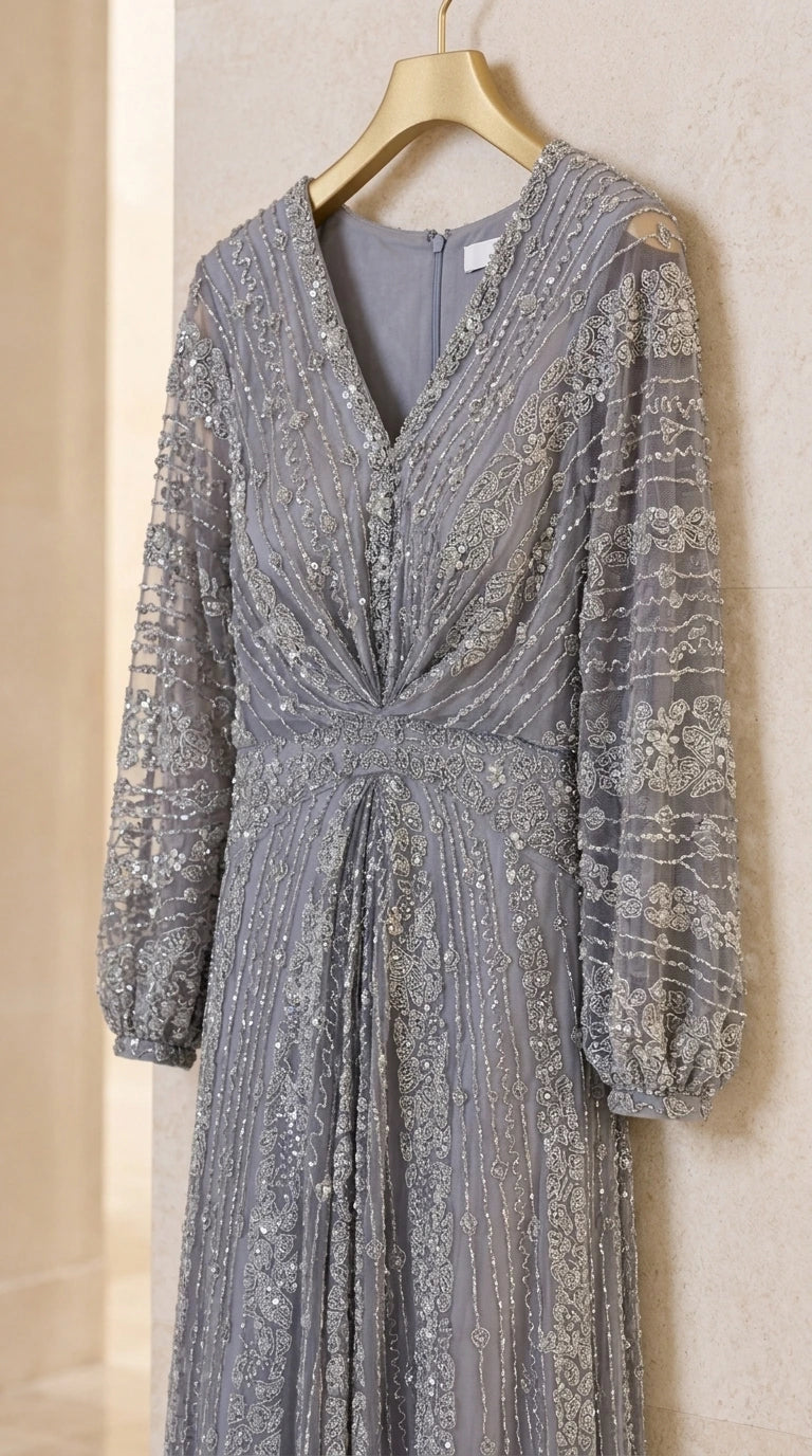 Close-up detail of Slate Grey sequin and bead embellishments on hanger