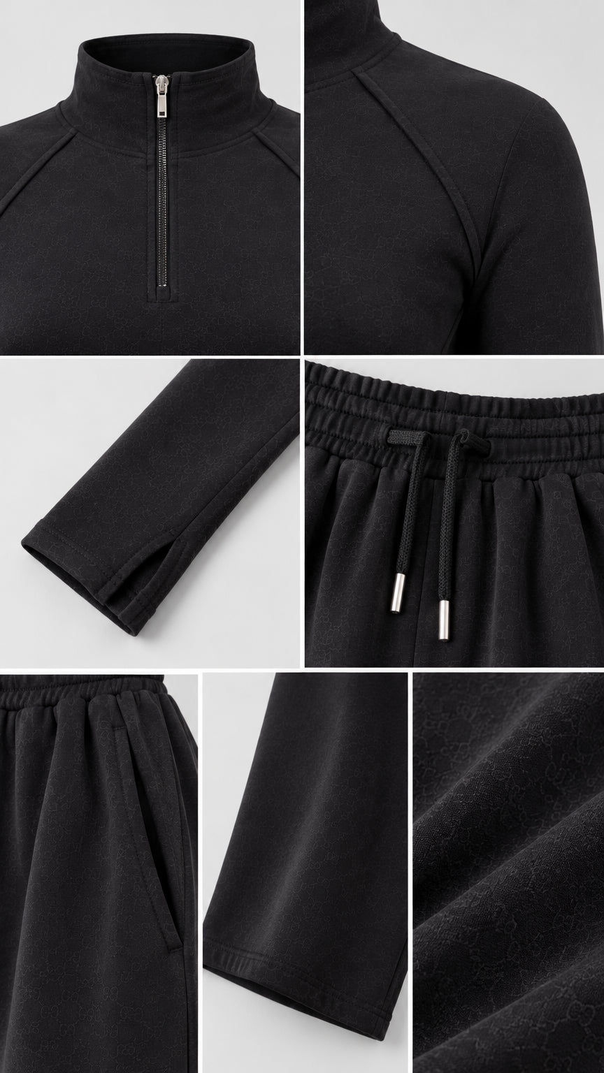 Close-up details of collar zipper, cuff slit, drawstring waist, and fabric texture