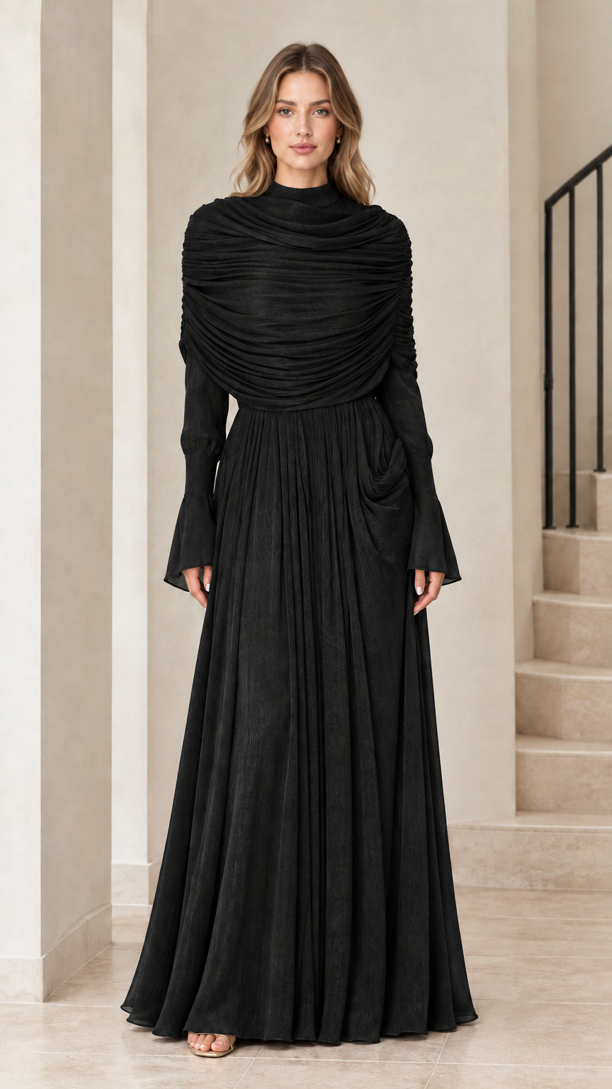 Front view of Black high neck ruched bodice evening maxi dress