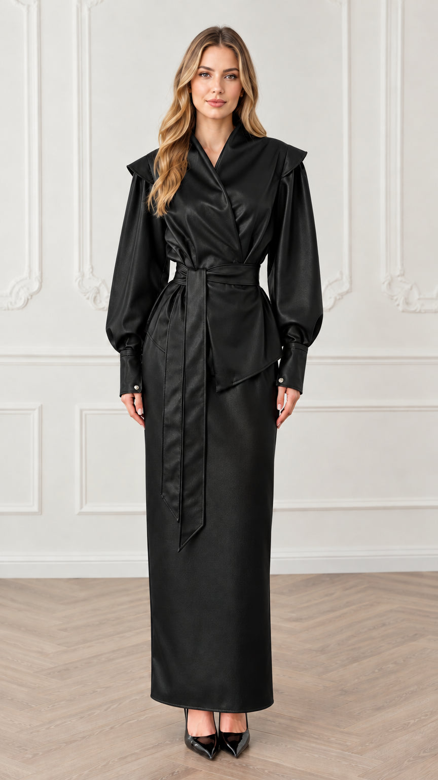 Model wearing black faux leather wrap top and maxi skirt set