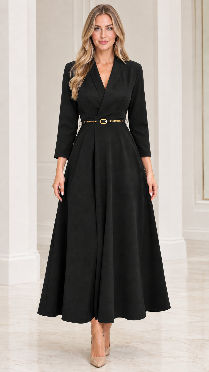 Model wearing black lapel collar belted A-line maxi dress