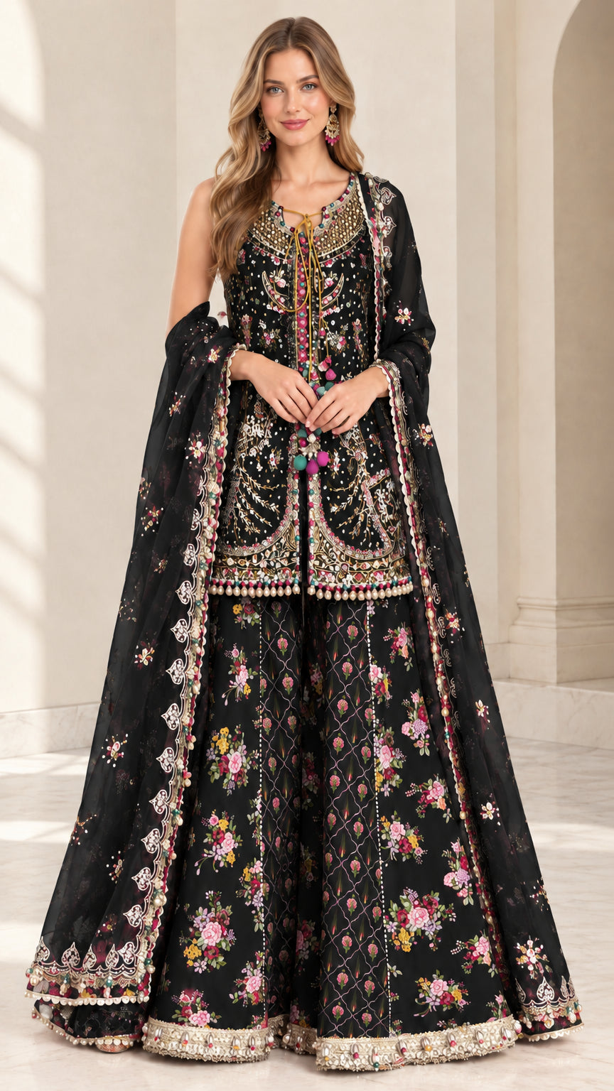 Full-length view of Black floral embroidered sharara suit set with sheer dupatta