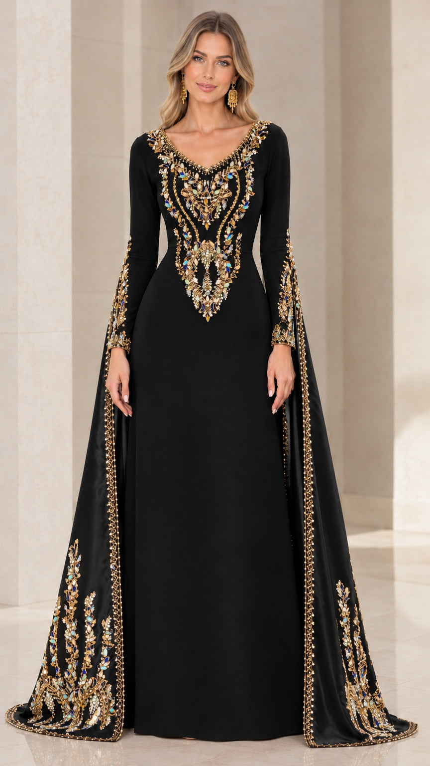Front view of black cape sleeve evening gown with intricate gold and crystal beading