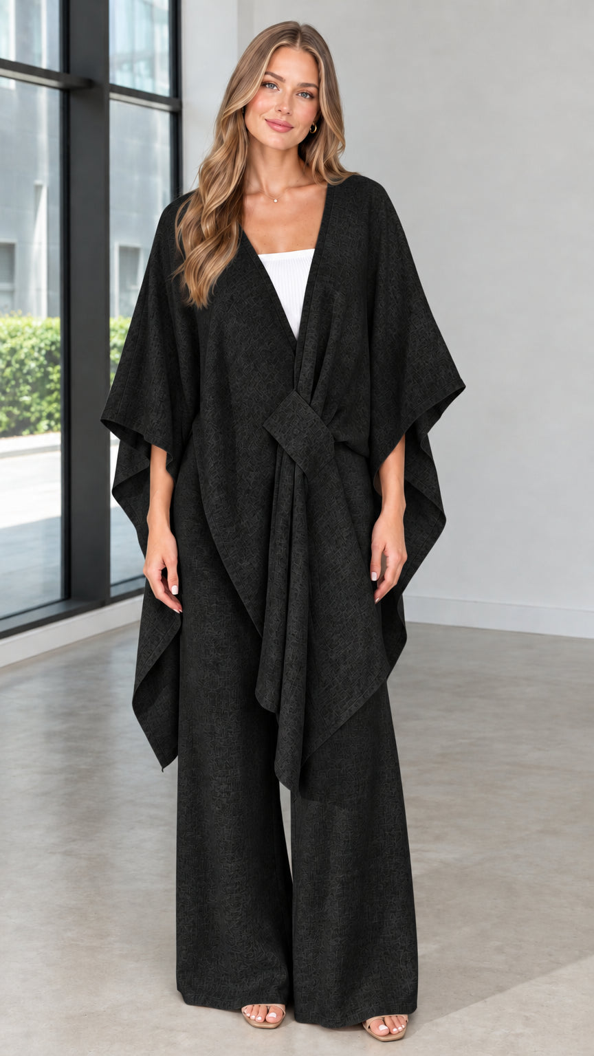 Front view of woman wearing black draped kimono top and wide leg trousers set