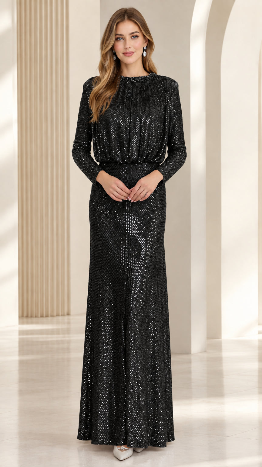Front full-length view of the long sleeve sequin evening maxi dress in Black