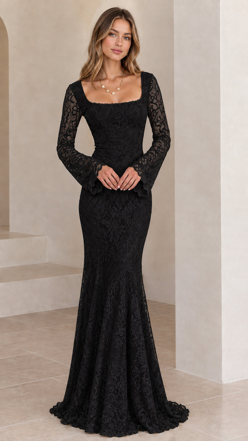 Black long sleeve floral lace square neck mermaid evening dress
