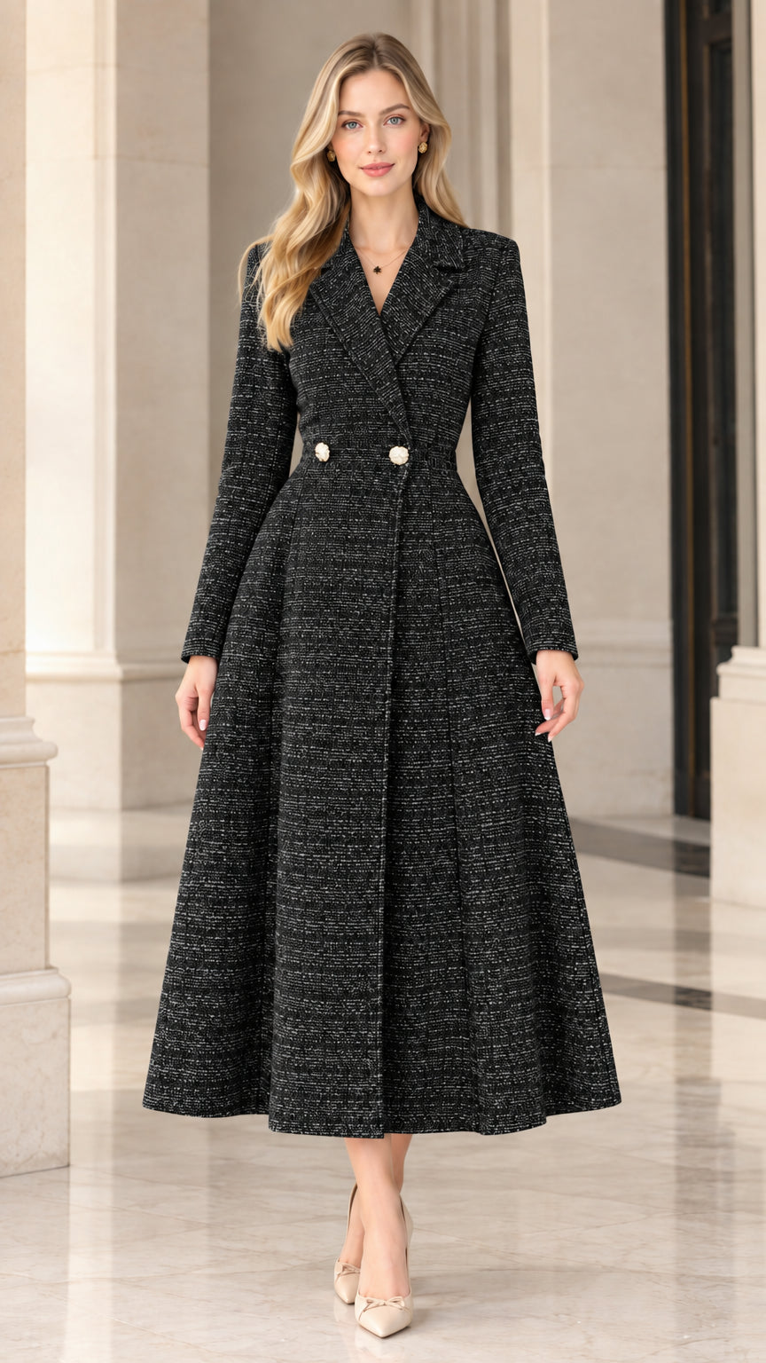Black longline tweed flared coat dress on model