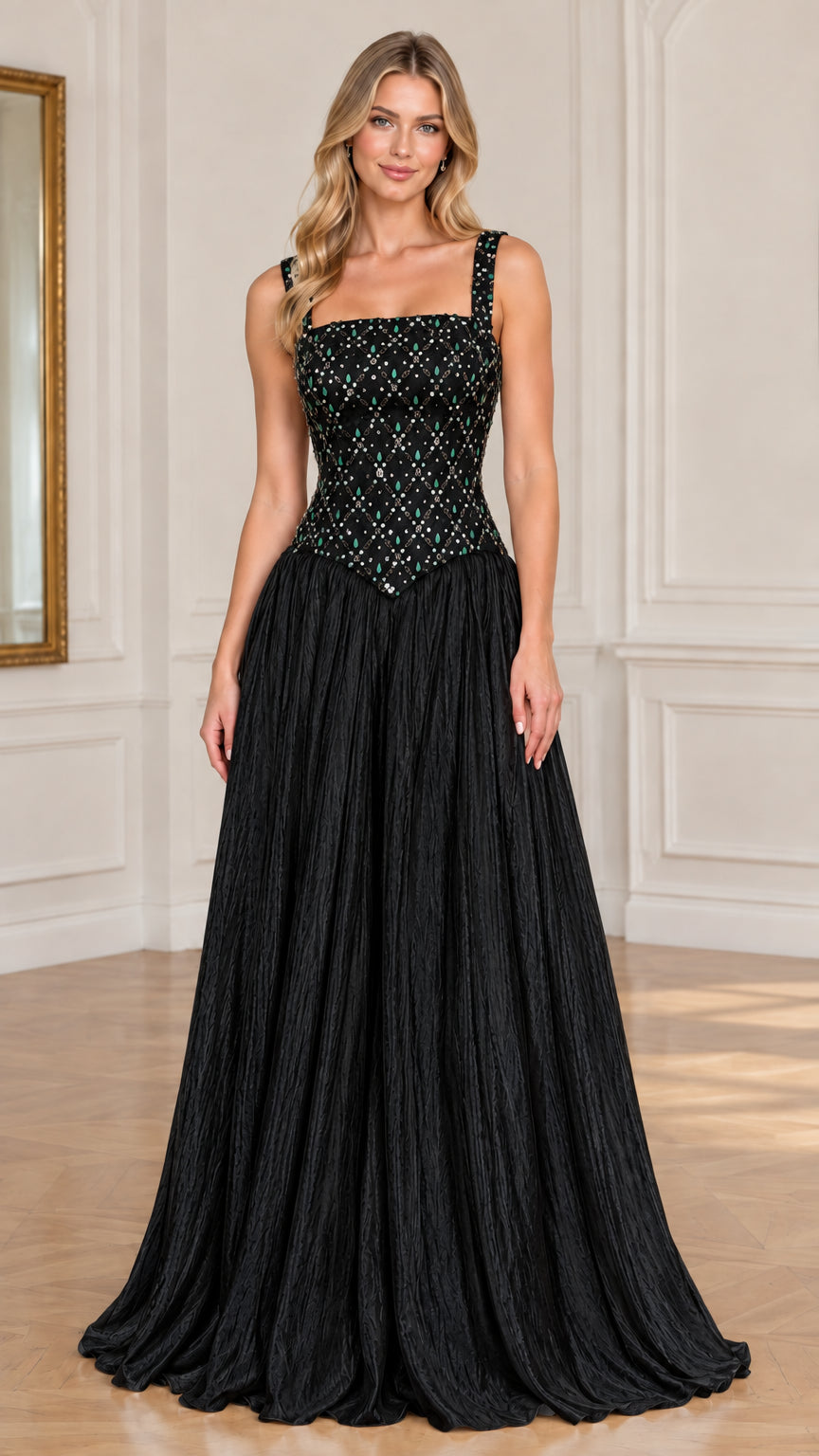 Model wearing black embellished basque waist formal evening gown