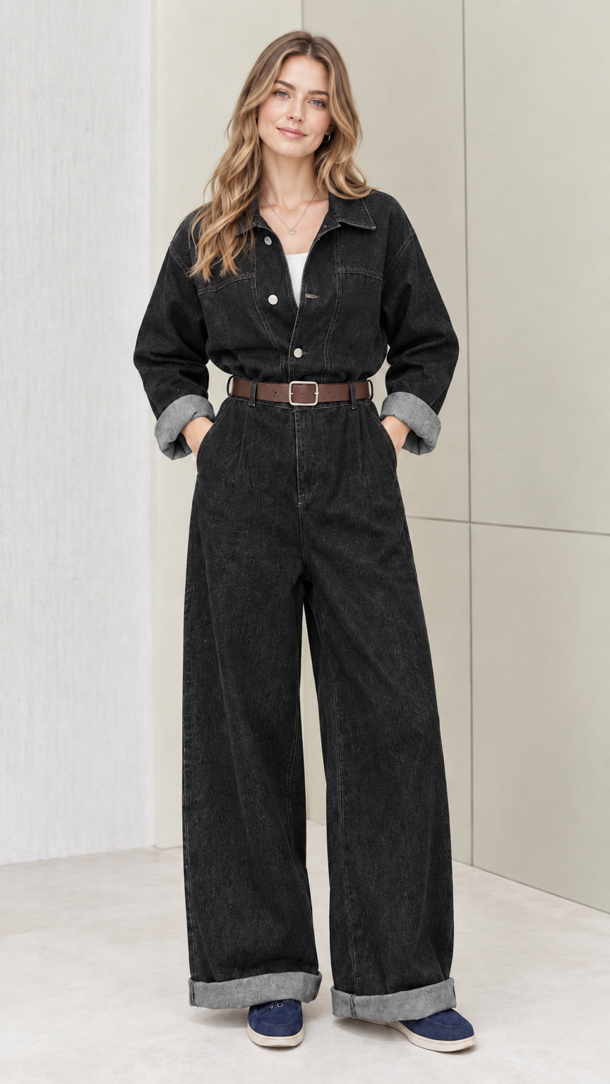 Front view of woman wearing washed black wide-leg utility jumpsuit with belt