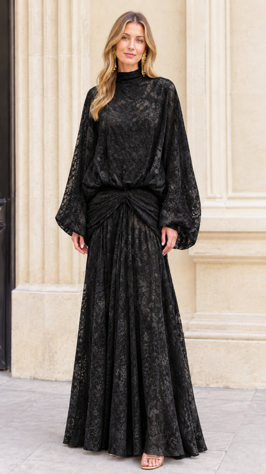 Model wearing classic Black high neck lace maxi dress with balloon sleeves