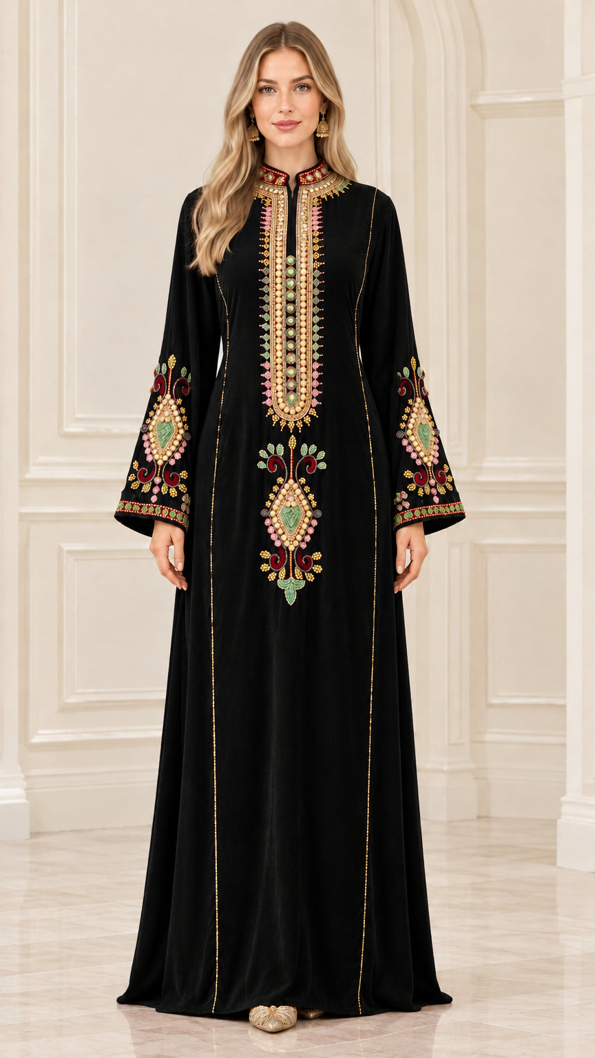 Full front view of black velvet embroidered modest kaftan maxi dress