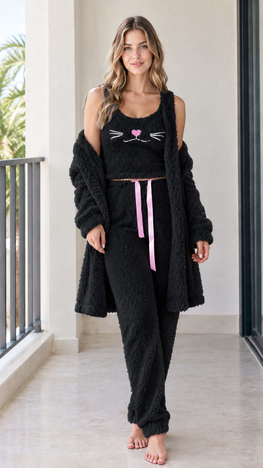 Full front view of black 3-piece fluffy fleece cat embroidery pajama set