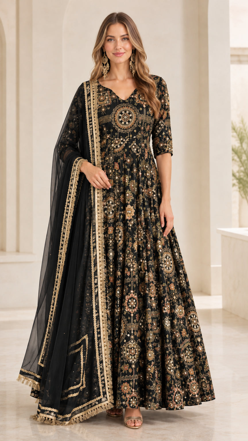 Front view of model wearing Black and gold embroidered Anarkali maxi dress with dupatta