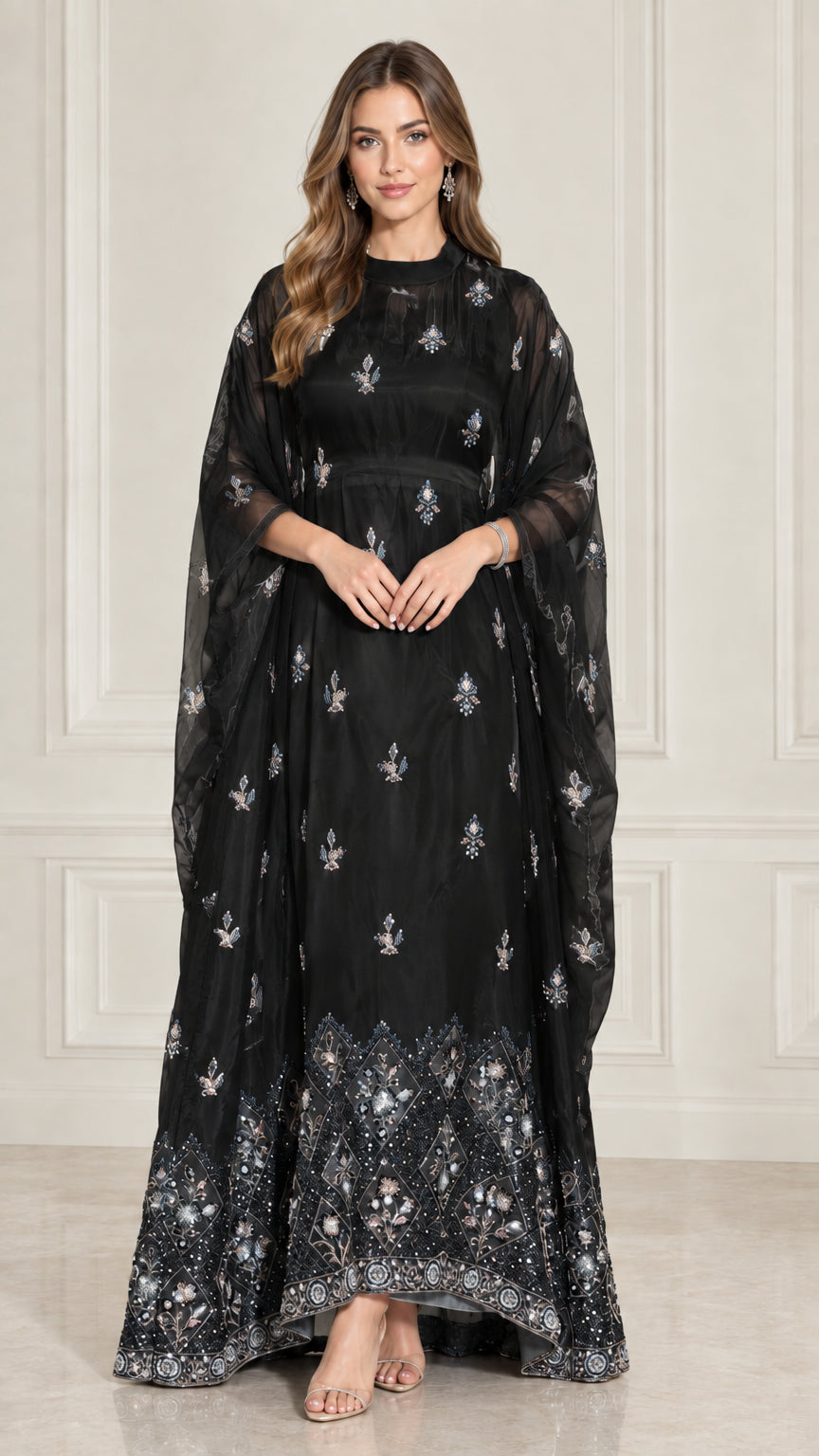 Black embroidered cape sleeve maxi formal evening kaftan dress
