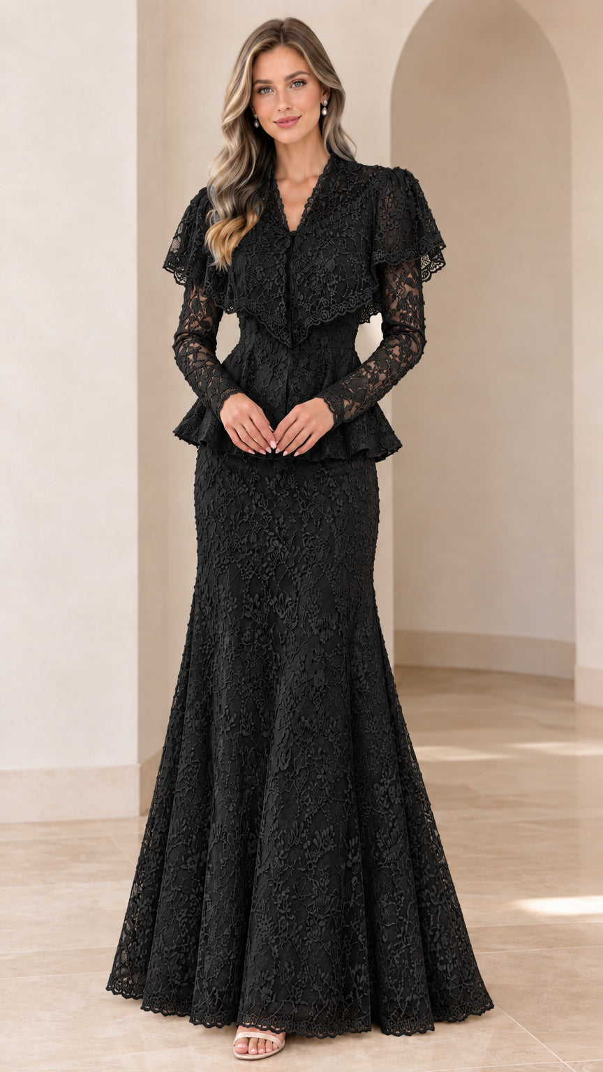 Full-length front view of the long sleeve lace maxi gown in black