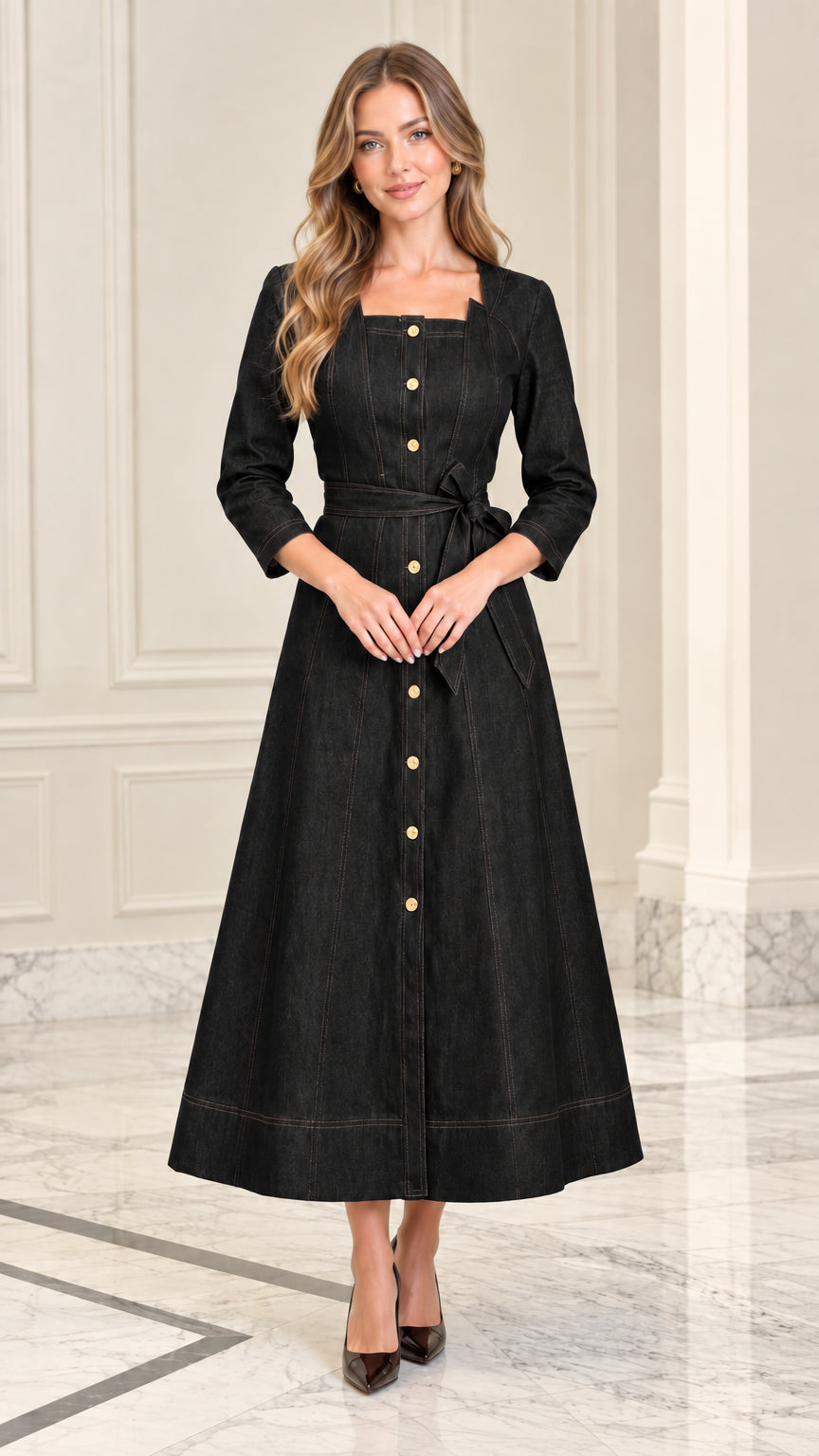 Model wearing Black square neck button-down midi dress with tie belt
