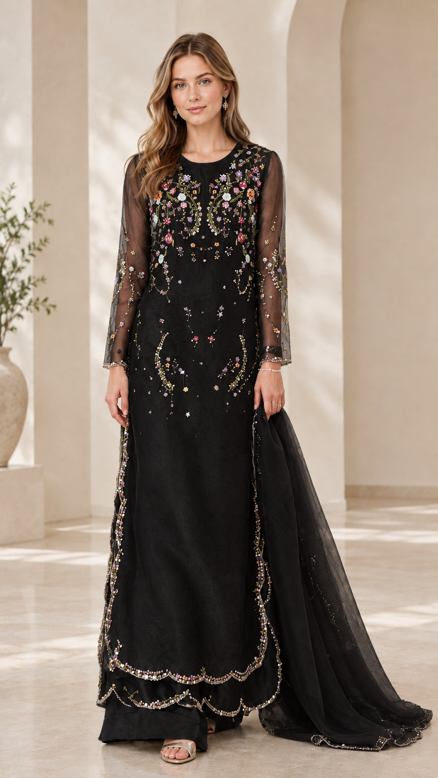 Full length black floral embroidered long tunic suit set