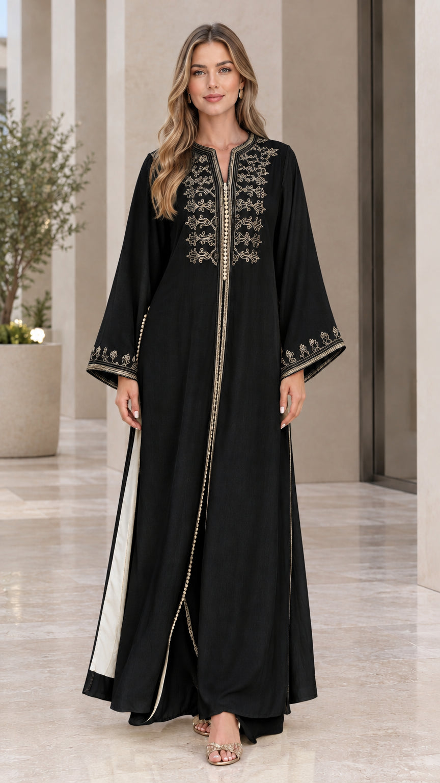 Black embroidered formal kaftan maxi dress front view