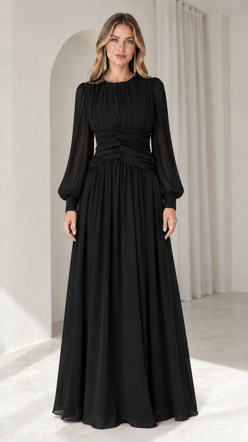 Black long sleeve pleated chiffon maxi evening gown