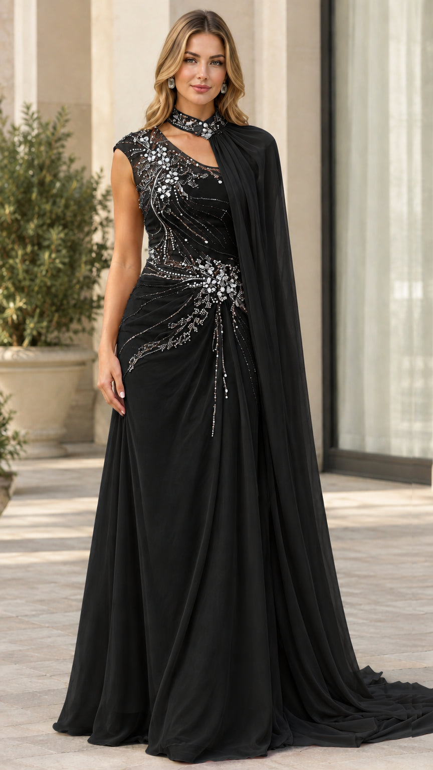 Black embellished mock neck cape evening gown