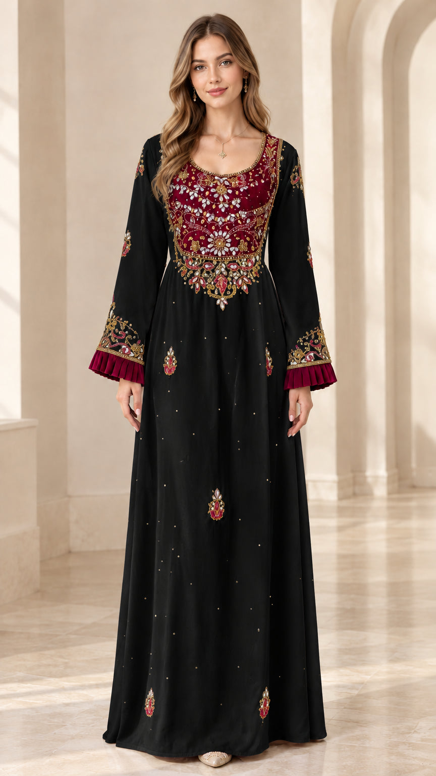 Full front view of model wearing Black embroidered velvet yoke kaftan dress