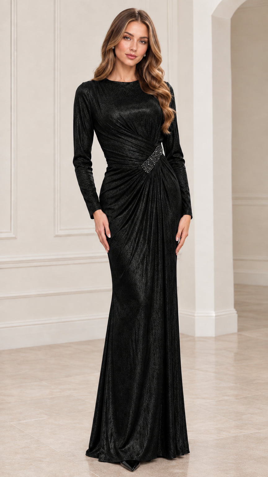 Front view of Black long sleeve metallic ruched evening gown