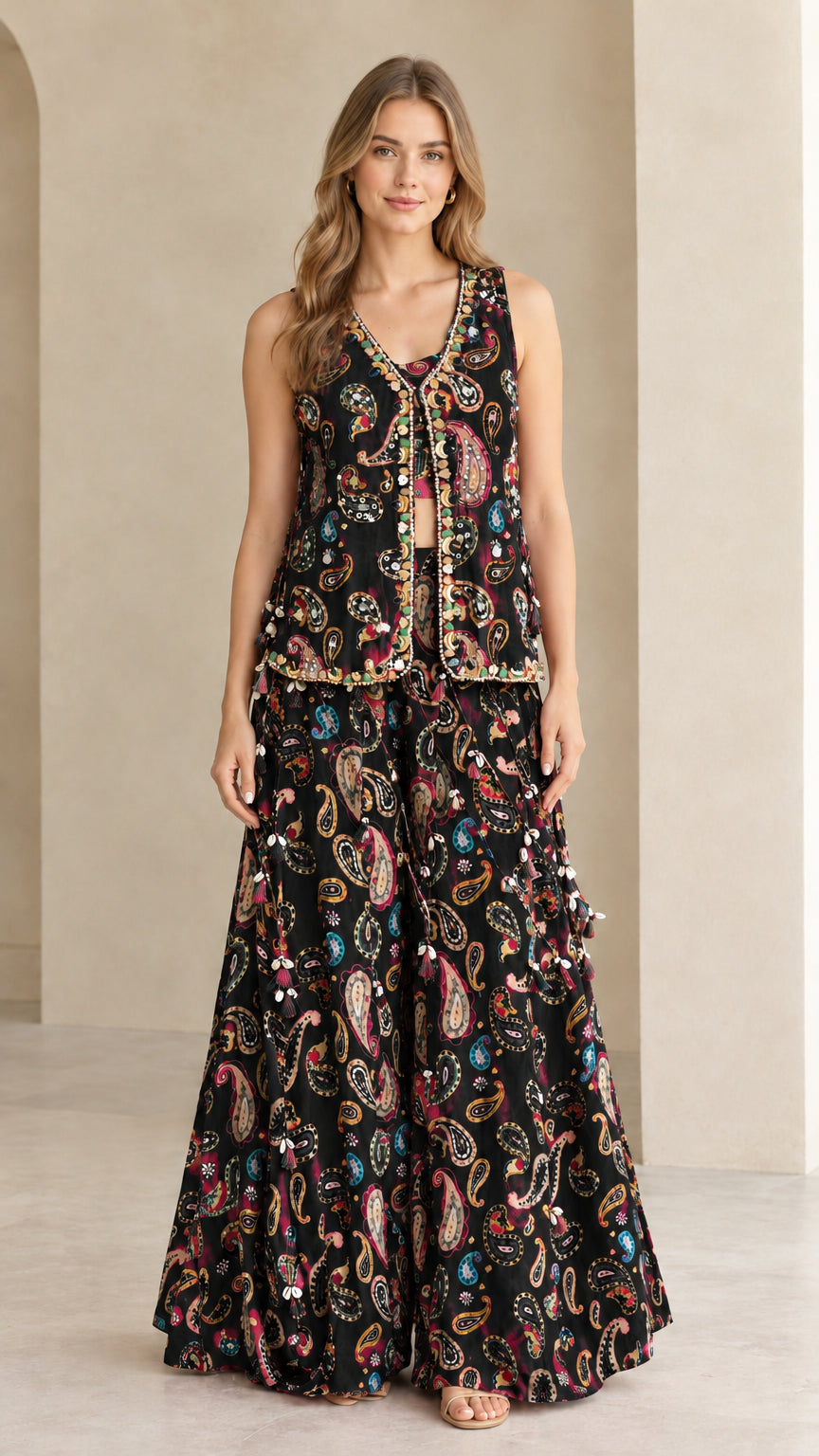 Front view of black paisley print 3-piece embellished palazzo pant set