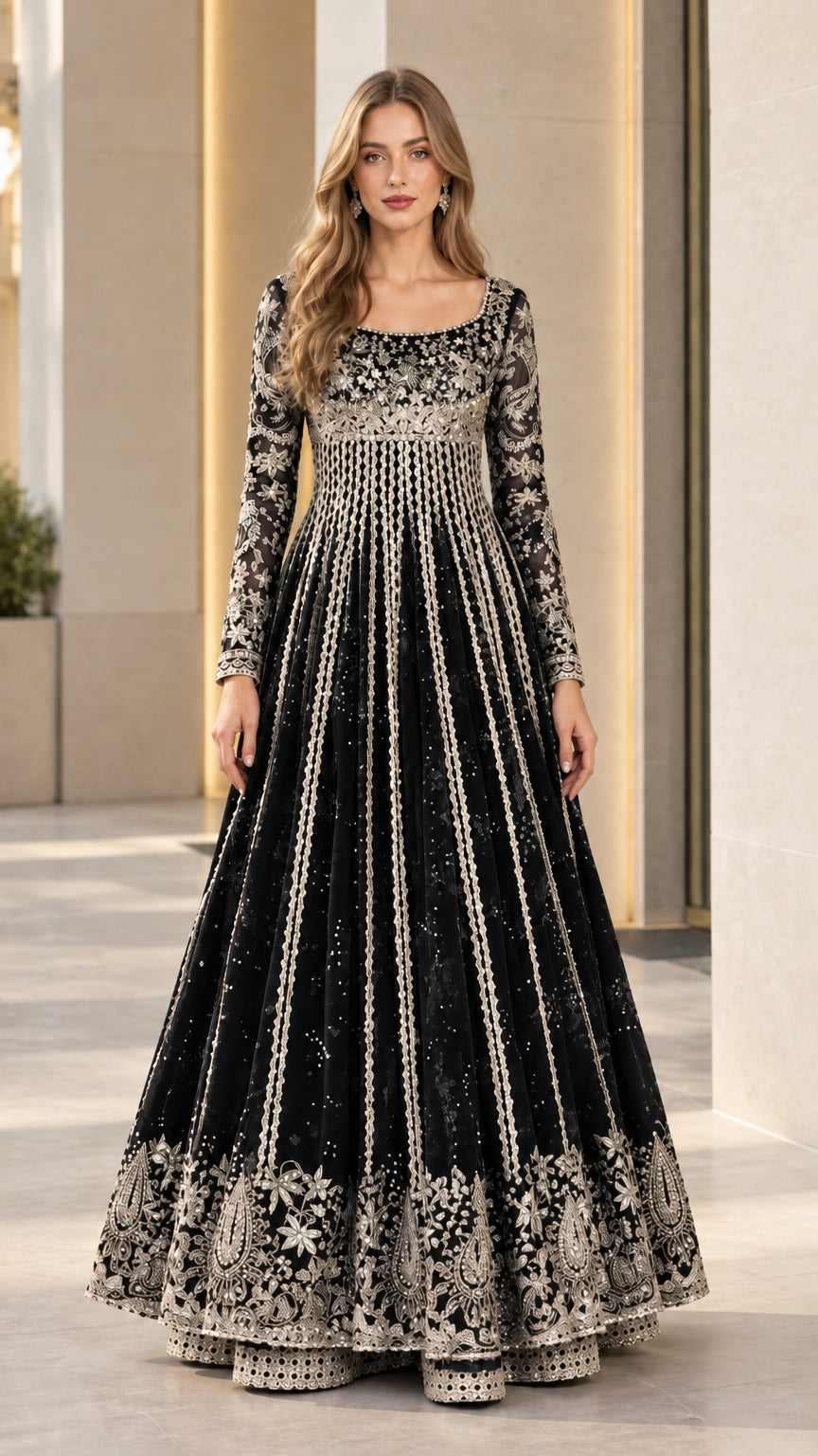 Full length view of black embroidered long sleeve flared evening maxi gown
