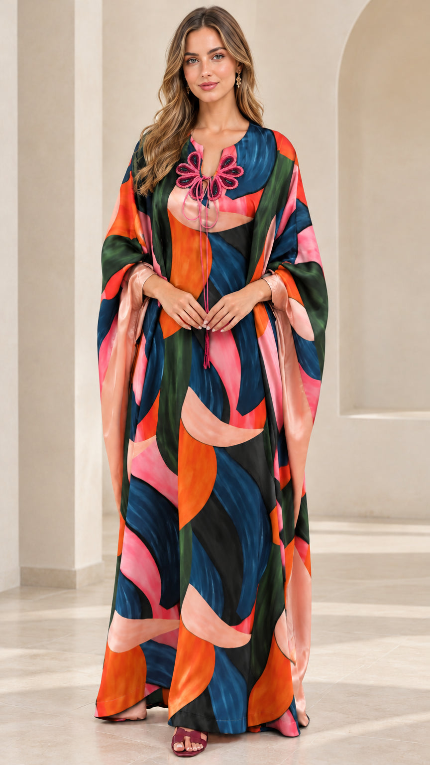 Navy Multicolor abstract print kaftan dress front view
