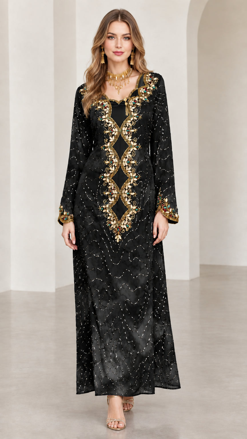 Model wearing Black embellished tie-dye long sleeve kaftan maxi dress