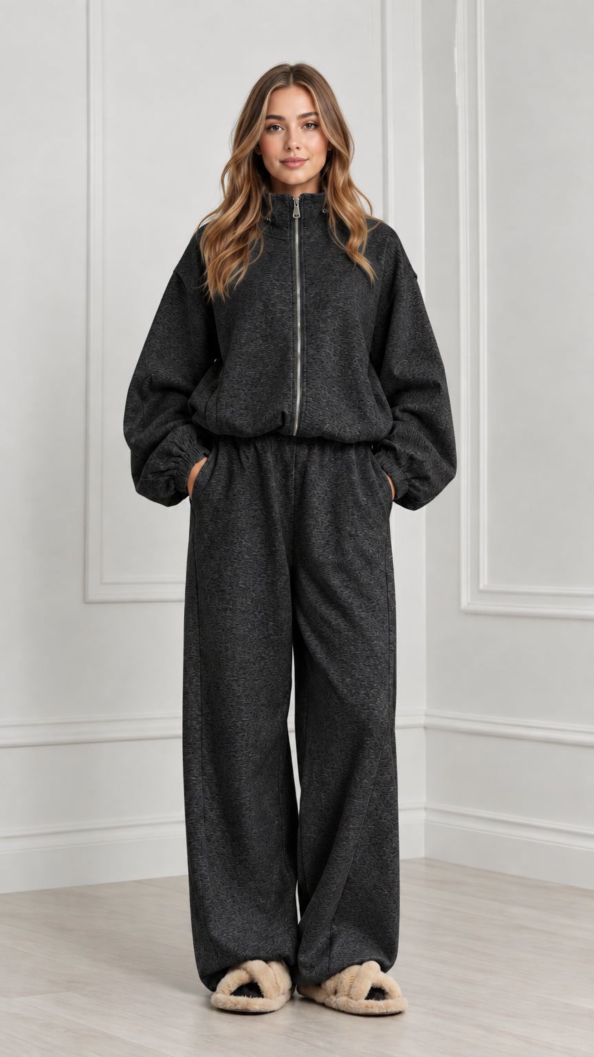 Women's charcoal dark grey two-piece fleece tracksuit set