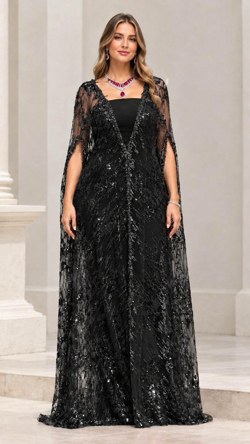 Front view of black sequin cape overlay formal evening gown
