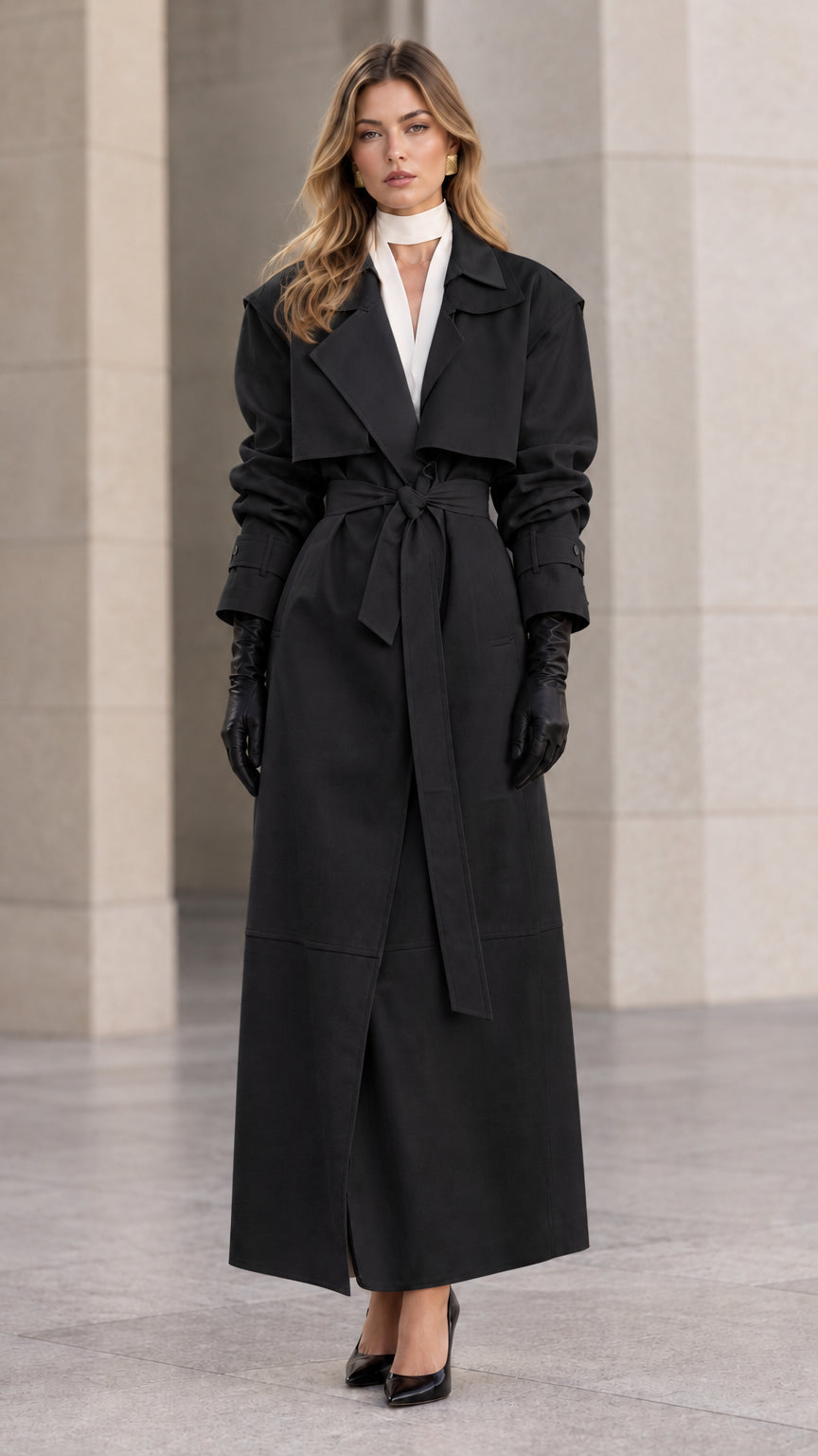 Full-length front view of woman wearing black maxi belted trench coat