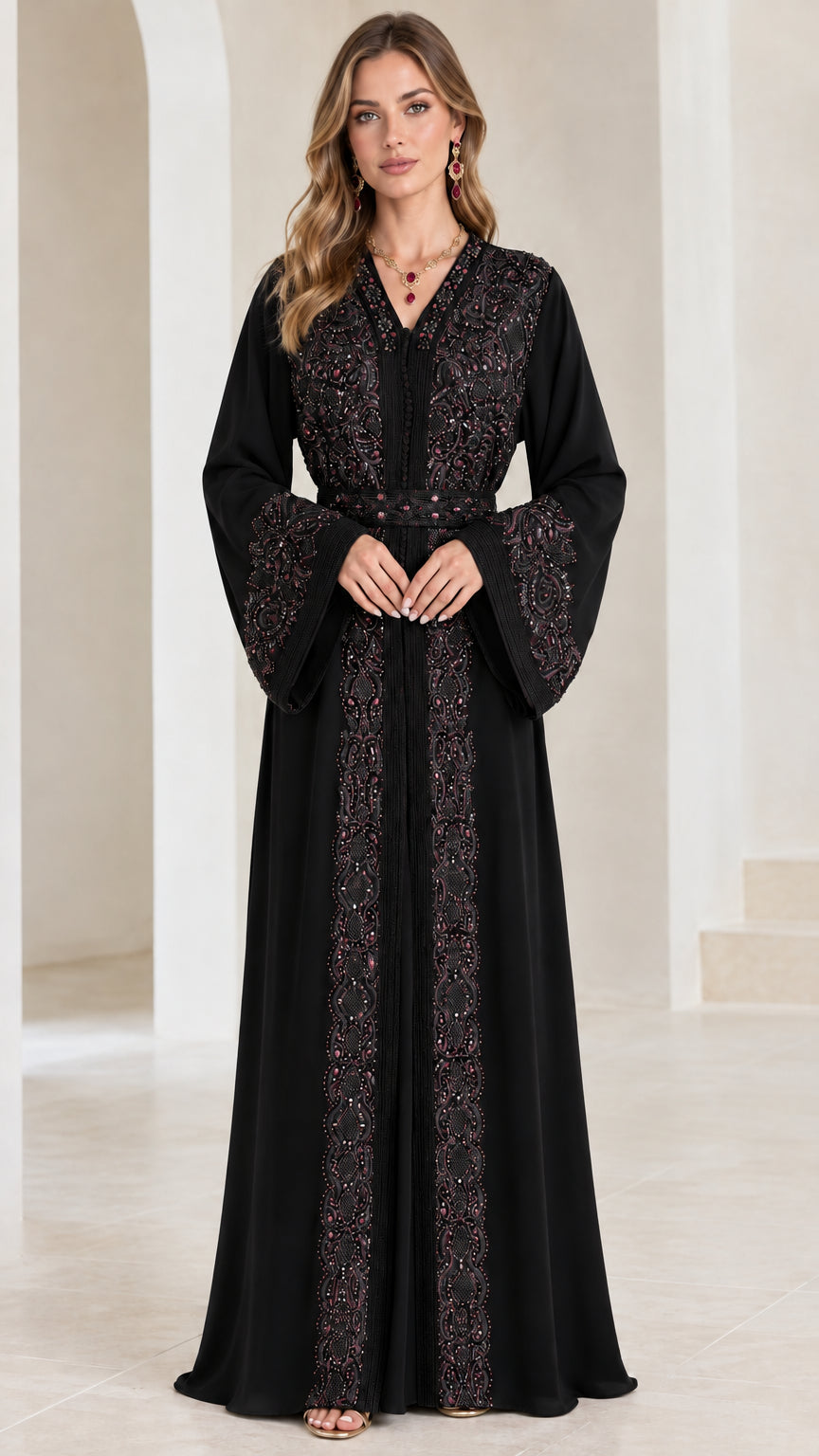 Front view of black embroidered and beaded kaftan maxi dress