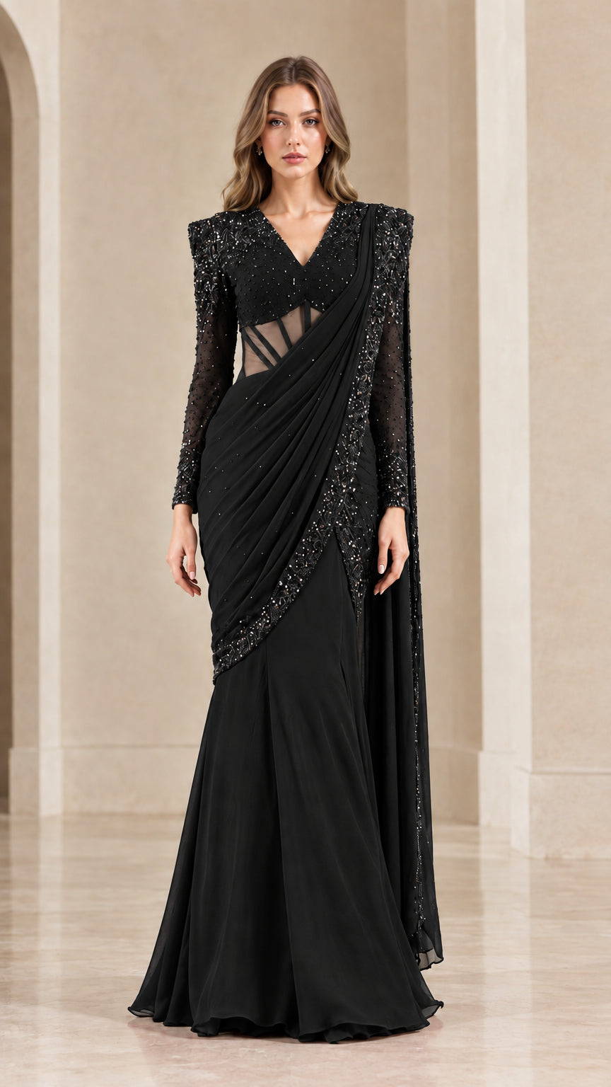 Model wearing black embellished draped evening gown with long sleeves and corset bodice